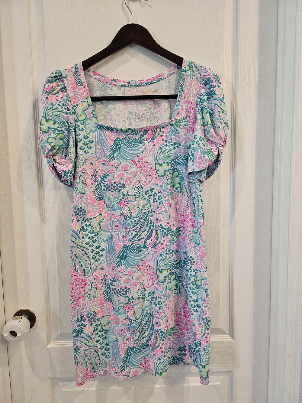 Lilly Pulitzer Pink & Green Floral Square-Neck Puff Sleeve Tunic Dress